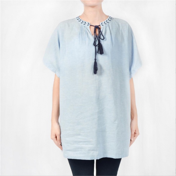 Women Cotton Linen Round-neck Kimono Sleeve Loose Drawstring Shirts