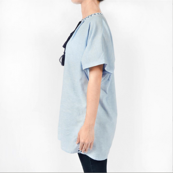 Women Cotton Linen Round-neck Kimono Sleeve Loose Drawstring Shirts