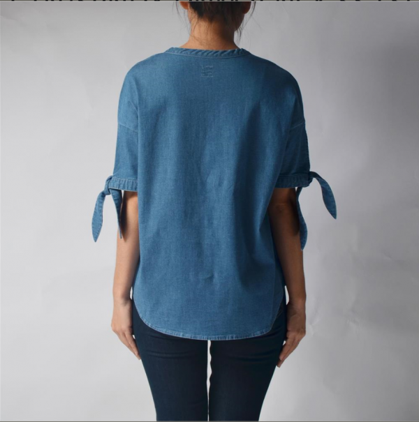 Women Denim Drawstring Short Sleeve Shirts