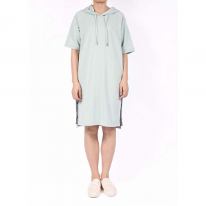 Women French Terry Hoodie Short Sleeve Drawstring Dress