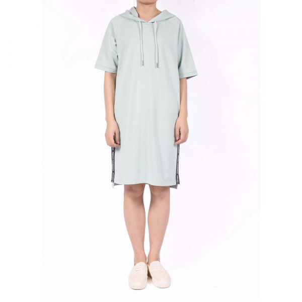 Women French Terry Hoodie Short Sleeve Drawstring Dress