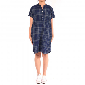 Women Linen Cotton Crew-neck Short Sleeve Dress