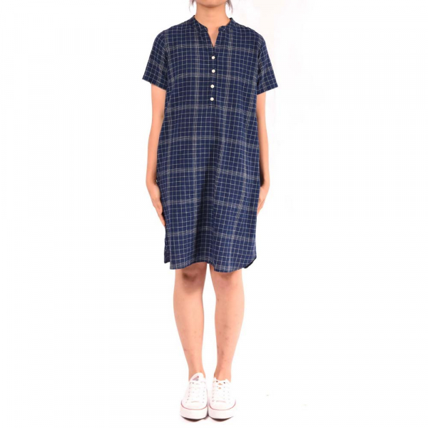 Women Linen Cotton Crew-neck Short Sleeve Dress